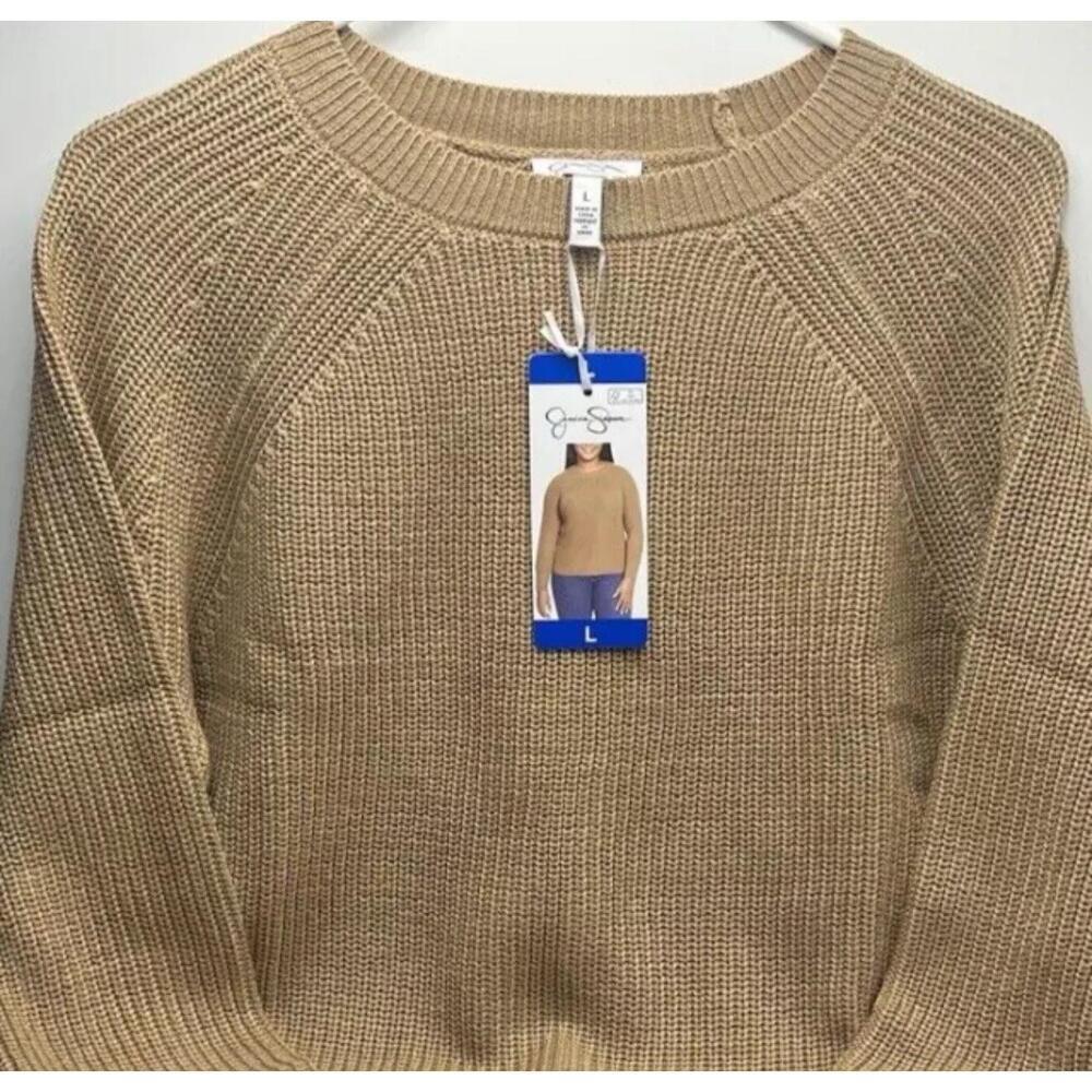 Women's Size Large Jessica Simpson Knit Crewneck Sweater Pullover Tan AG10